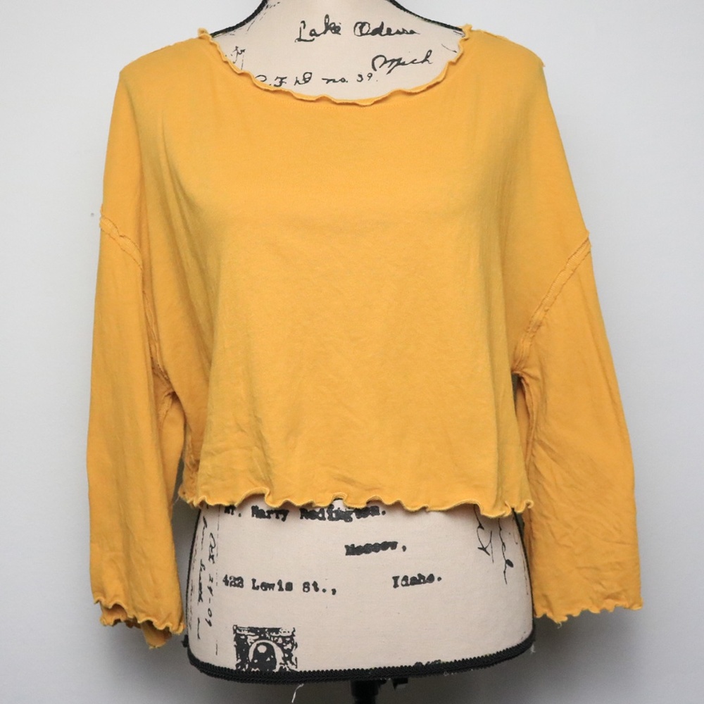 We The Free Women Size S Relaxed Crop Flare Sleeve Mustard Ruffle Beach Boho Top